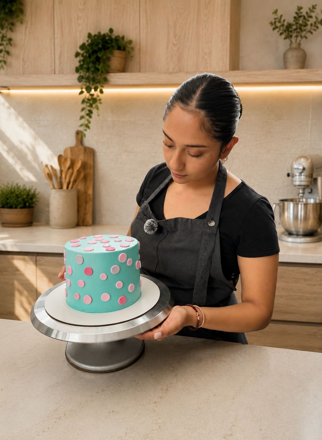 Karen Flores decorando un pastel en su cocina